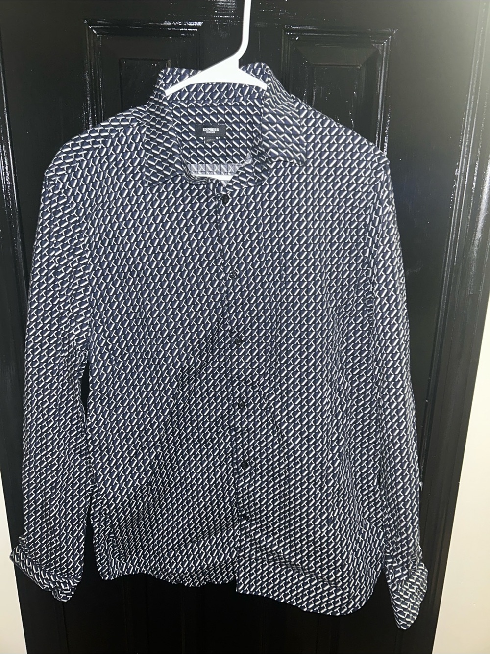 Express Men's Navy and White Geometric Button-Down Shirt
